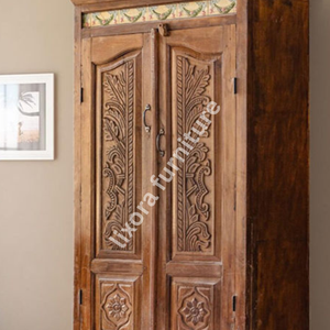 Luxury Handcrafted Solid Wood 2 Door <b>Wardrobe</b> Ornate Leaf Carving Rustic Antique Finish Armoire - Product Image 2