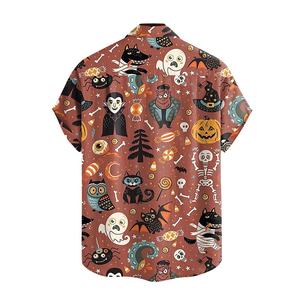 Chemise en coton marron à manches courtes pour homme avec motif d'Halloween, squelette de vampire, chat, citrouille - Product Image 2
