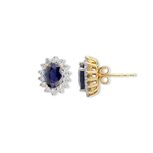 Wholesale 14k Yellow Gold Natural Oval Blue Sapphire Diamond Halo Stud Earrings Memoria Jewels - Product Image 1