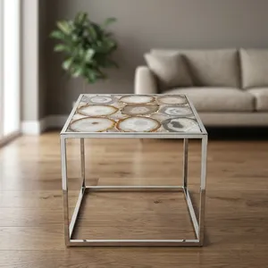 Table basse carrée moderne avec plateau en agate et structure en métal, meuble de salon, table d'appoint décorative - Product Image 1