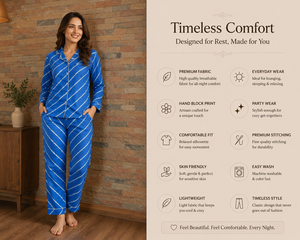 Customized Women Stylish Blue Floral Pajama <b>Set</b> Cotton Long Sleeve Sleepwear <b>Set</b> Comfortable Elastic Waist V-neck Nightwear - Product Image 2