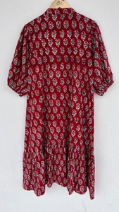 Women's Red Floral Print Cotton <b>Shirt</b> Dress Mandarin Collar Tiered Maxi Dress Puff Sleeve <b>Boho</b> Casual Flowy Summer Dress - Product Image 5