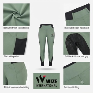 กางเกงเลกกิ้งเอวสูง WIZE International สีเขียวดำ แต่งผ้าตาข่าย มีกระเป๋า ยืดได้สี่ทิศทาง - Product Image 3