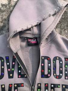 Custom Full Zip Hoodie Decorative Multi Color Crystal Style Sleeve Embellishment Heavyweight Casual Streetwear Hoodies - Product Image 2
