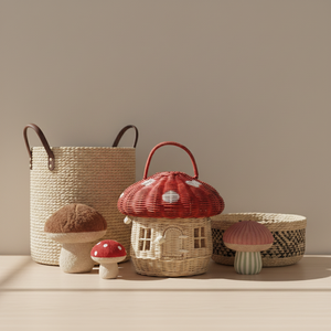 ตะกร้าหวายรูปเห็ดทำมือจากเวียดนาม ตะกร้าเก็บของสานธรรมชาติสำหรับตกแต่งห้องเด็กและจัดระเบียบ ขายส่ง - Product Image 1