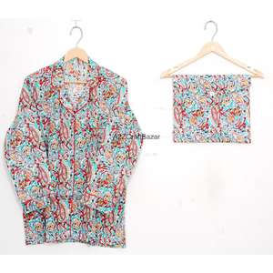 Ensemble de pyjama décontracté de luxe pour femmes, 100% coton, manches longues, imprimé floral numérique, taille élastique, col rabattu, pour le printemps et l'été - Product Image 2