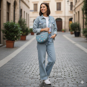 Bolso de Mano de Algodón con Estampado de Enredaderas Botánicas Azules, Suave y Duradero, Correa de Hombro Ajustable, Cierre de Cremallera, Hecho a Mano, Casual, para Mujer - Product Image 2