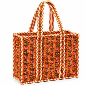 Floral Panelled Cotton Canvas Tote <b>Bag</b> Orange for Embroidery Bohemian Style Open Top Large Capacity All Seasons - Product Image 1