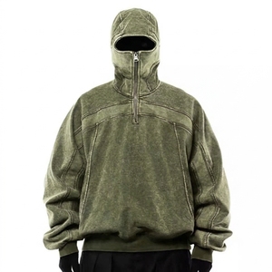 Sudadera con capucha de punto para hombre, estilo ninja, con cremallera de un cuarto, lavado ácido, vintage, hombros caídos, venta al por mayor - Product Image 5