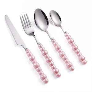 Elegant Pink Pearl Handle Stainless Steel Flatware Set <b>Knife</b> <b>Fork</b> Spoon Dishwasher Safe Ideal For Party Tableware - Product Image 1
