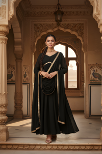 Ensemble Kurta et Dupatta Noir Uni Festif en Tissu Georgette avec Bordure en Dentelle, Manches Longues, Longueur Cheville, pour Grossistes - Product Image 6