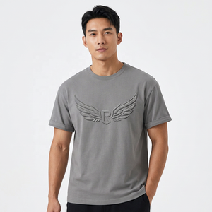 Camiseta de manga corta gris para hombre con alas en relieve y logotipo R en la parte delantera, cuello redondo informal, corte regular, tejido de punto. - Product Image 5