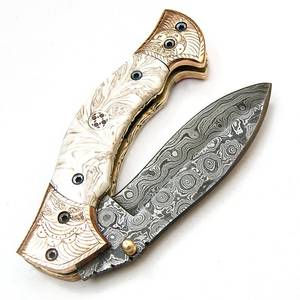 Couteau utilitaire pliant en acier Damas SHARP POINT TRADES, lame droite, ouverture par bouton de pouce, manche en bois, design artistique, DIY - Product Image 1