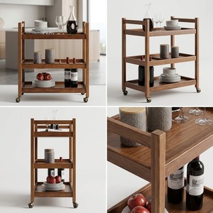 Carrito de almacenamiento de madera de tres niveles con ruedas para organizar la vajilla de la sala de estar, diseño minimalista - Product Image 2