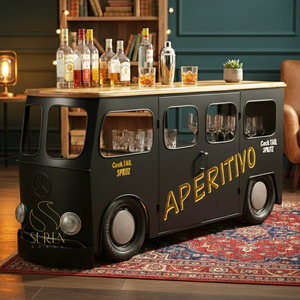 SUREN SPACE SS4428F Industrial Eco-Friendly Iron Home <b>Bar</b> Cabinet with Wood Top 4 Compartments <b>Freestanding</b> for Living Room - Product Image 1