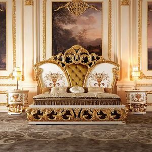 Juego de Dormitorio Clásico de Lujo Honeyrose Hotel Royal Gold, Cabecera Tapizada, Madera de Caoba Sólida, Estilo Europeo - Product Image 1