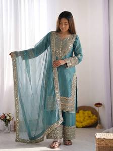 <b>Women</b> <b>Teal</b> Blue Embroidered Anarkali <b>Suit</b> With Dupatta Floor-Length Traditional Indian Pakistani Wedding Wear - Product Image 2