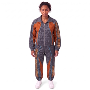 Ensemble de survêtement pour femme personnalisé, couleur bordeaux, avec col doré, empiècements en mesh, veste de survêtement et pantalon élastique, ensemble sportswear décontracté 2 pièces. - Product Image 6