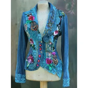 2024 Contrast Chic Buttons Women's Vintage <b>Patchwork</b> Guipure Lace Bowknot Design Asymmetric Loose Long Sleeve Jacket - Product Image 1
