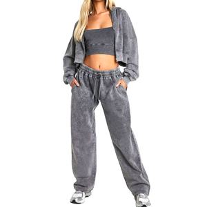 Ensemble de survêtement décontracté pour femme style streetwear, effet délavé à l'acide, avec sweat à capuche et pantalon, collection 2026 - Product Image 1