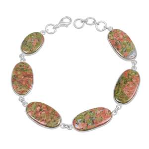 Brazalete de Moda Estilo Bohemio con Cadena de Piedras Preciosas de Unakita Natural Plateada, Unisex, Forma Ovalada, Alta Calidad, Vintage, Único - Product Image 2