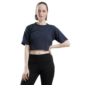 Camiseta Corta Azul Marino para Mujer, Cuello Redondo, Manga Corta, Color Sólido, Informal, Tejida, Corte Regular, Primavera Verano - Product Image 1