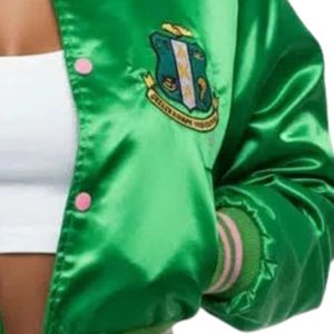 Green Crop <b>Jacket</b> Satin Bomber Style Women Casual Outerwear Fashion <b>Jacket</b> Lightweight Button Front Team Apparel Stylish - Product Image 4