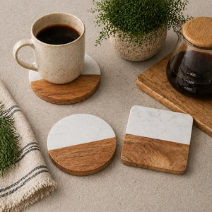 Posavasos Hechos a Mano de Madera y Mármol, Juego de 4 Posavasos Geométricos Modernos, Posavasos para Bebidas de Madera Natural y Mármol - Product Image 1