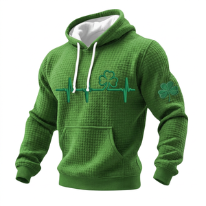 เสื้อฮู้ดวาฟเฟิลสีชมพูสำหรับผู้ชาย พร้อมลายปัก ECG รูปใบโคลเวอร์สีเขียวด้านหน้าและแขนเสื้อ สวมใส่สบายๆ ในฤดูใบไม้ผลิ - Product Image 5