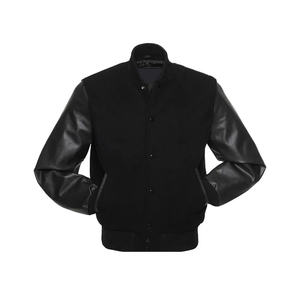 Men's <b>Black</b> <b>Varsity</b> <b>Jacket</b> With Leather Sleeves <b>Red</b> Stripe Trim Preppy Style Regular Fit Turn-down Collar Single Breasted - Product Image 5