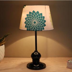 Modern <b>Table</b> <b>Lamp</b> With blue flower Fabric Drum Shade Warm White Light Metal <b>Base</b> For Bedroom Decorative Lighting - Product Image 1