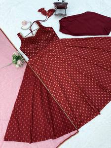ชุดเดรสงานแต่งงานสำหรับผู้หญิง Anarkali Chanderi Jacquard Butti แต่งลูกไม้แฟนซี แบบกลับด้านได้ ไม่ยับ แห้งเร็ว ความยาวระดับข้อเท้า เหมาะสำหรับงานปาร์ตี้ - Product Image 5