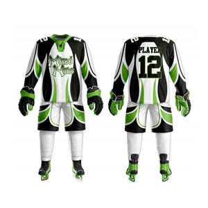 Ensemble de maillot de hockey sur glace sublimé pour homme, motif noix mélangées, noir et vert, manches longues, anti-humidité, uniforme d'équipe adulte, col en V, athlétique - Product Image 1