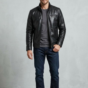 Custom Men Genuine Leather <b>Jacket</b> Slim Fit Motorcycle Cafe <b>Racer</b> Biker <b>Jacket</b> Quilted Shoulder Real Leather Coat for Men - Product Image 4