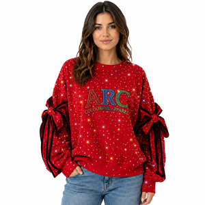 <b>Women</b> Rhinestone Crewneck Sweatshirts Custom Bow Sleeve Embroidered Clothing Oversized Pullover <b>Top</b> Private Label Supplier - Product Image 1