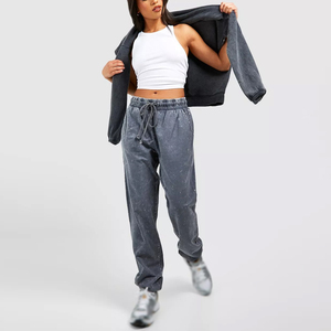 Pantalon de survêtement harem taille mi-haute pour femme, coupe ample, longueur intégrale, avec cordon de serrage, en tissu éponge délavé, style décontracté automne - Product Image 1