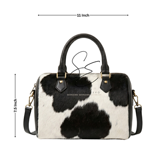 Vintage Leather and Cowhide Duffel <b>Purse</b> Handmade Weekend Bag for Women Hair On Hide Black Speedy Bag Medium Size <b>Purse</b> - Product Image 3