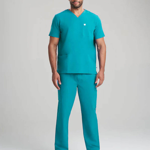 Ensemble de blouses médicales pour hommes, couleur turquoise, col en V, manches courtes, uniforme d'hôpital, tissu polyester tissé - Product Image 1