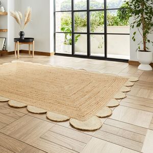 Natural Scallop Jute <b>Rug</b>, Handmade By Nhat Minh, Vietnam, Jute Area <b>Rug</b> Rectangle Black, Decorative Bedroom, Livingroom, Resort - Product Image 1