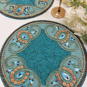 Handmade Knitted Floral Pattern Polyester/Cotton Eco-Friendly Home Use <b>Placemat</b> Set Teal & Wood <b>Beads</b> 14 Inch - Product Image 5