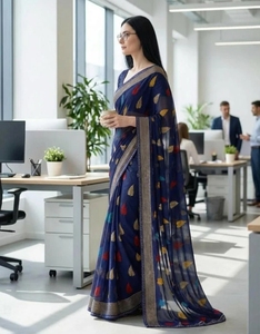 Sari de Georgette KV con Adornos, Rayas y Estampado Floral para Uso Diario - Product Image 5