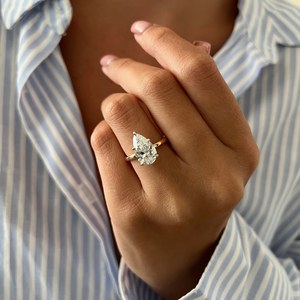 3ct Elongated Pear Cut Lab Grown Diamond Solitaire <b>Ring</b> , CVD Diamond <b>Thin</b> Two Tone White Prongs Engagement <b>Ring</b>, IGI Certified - Product Image 1