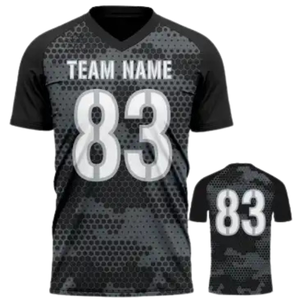 เสื้อเจอร์ซีย์ฟุตบอลลายพรางแบบซับลิเมชั่น คอวี ระบายอากาศได้ดี ผลิตจากโพลีเอสเตอร์ สำหรับทีม  รับผลิตแบบ OEM ODM ขายส่งจำนวนมาก - Product Image 1