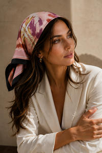 Foulard carré en soie pour femme, motif imprimé numérique, réversible, respirant, toutes saisons, usage quotidien, rose, violet, motif chaîne dorée - Product Image 3