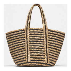 Sac à bandoulière souple et pliable en cuir véritable et jute raphia pour femme, motif rayé, élégant et durable - Product Image 3
