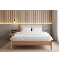 Cama de Madera de Mediados de Siglo con Cabecera Tapizada, Tamaño King, Diseño Moderno y Lujoso, Color Natural, para Uso en Hogar y Hoteles