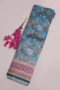 Tissu jacquard en viscose pure vert sauge à imprimé ethnique et paysager avec bordure ornementale pour robe Kurti de créateur - Product Image 5