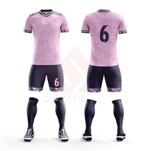Ensemble d'uniformes de football personnalisés, maillot rose uni, short blanc, impression par transfert thermique, respirant, taille plus, séchage rapide à l'avant, unisexe - Product Image 6