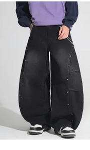 High Waist <b>Wide</b> <b>Leg</b> Denim Pants <b>Men</b> Streetwear Style Sand Wash Cotton Loose Fit Black Rivet Decoration Autumn Wear - Product Image 5