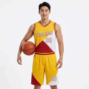 Maillot de basketball personnalisé sublimé jaune, rouge et blanc, col en V, sans manches, en maille respirante, coupe athlétique unisexe adulte, avec nom d'équipe et motifs de ballons - Product Image 6